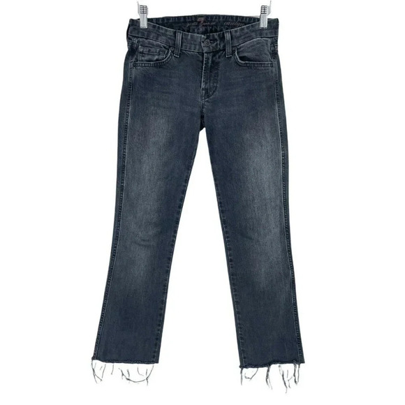 7 For All Mankind Jeans Women's Sz 24 Black Denim Carolyn Skinny Cropped Raw Hem - Picture 1 of 12